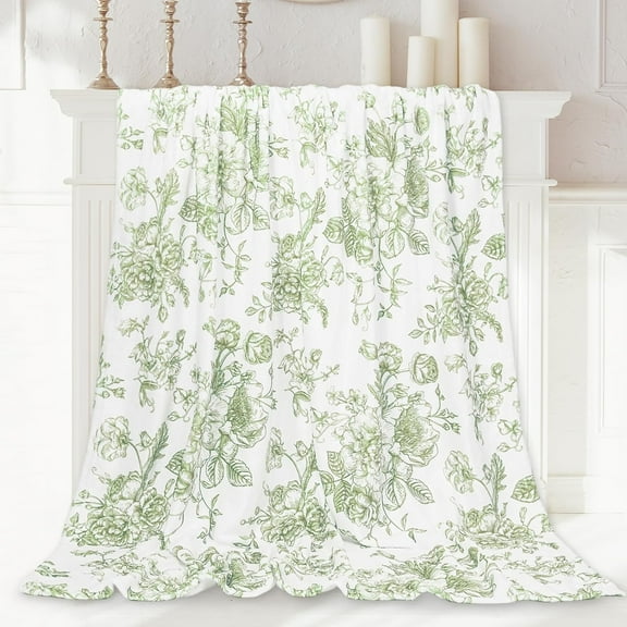 Floral Fuzzy Blanket Green Flowers Throw Blanket Decorative Soft Cozy Flannel Blanket for Home Bed Sofa Couch Chair, 50 x 60 Inch