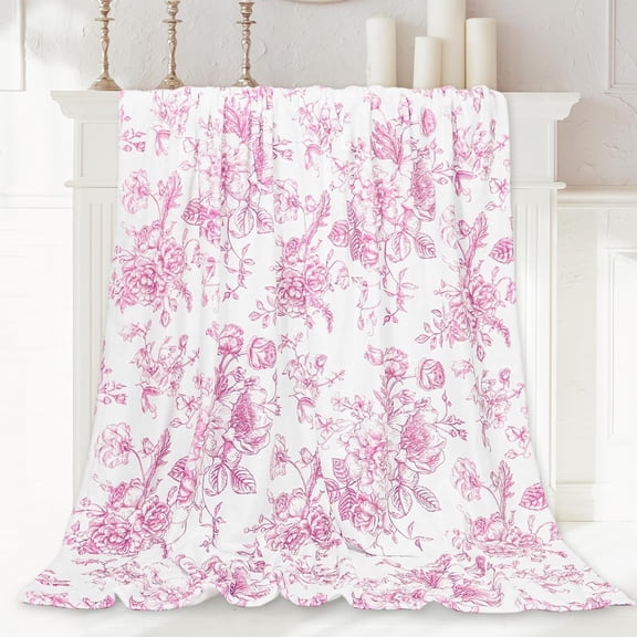 Floral Fuzzy Blanket Pink Flowers Throw Blanket Decorative Soft Cozy Flannel Blanket for Home Bed Sofa Couch Chair, 50 x 60 Inch