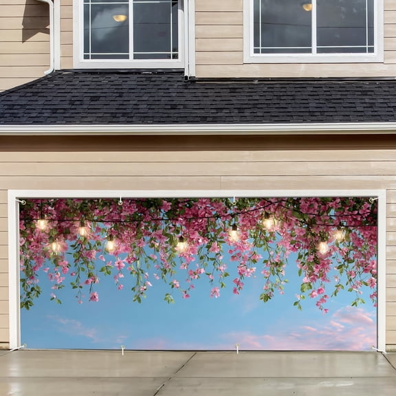 Floral Garage Door Banner 6×13 ft \u2013 Pink Flower Vine Garage Door Cover with Hanging String Lights, Spring Garden Backdrop for Outdoor Decorations, Wedding, Party, Front House & Yard Décor