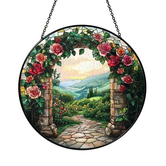Floral Garden Arch Faux Stained Glass Window Hanging