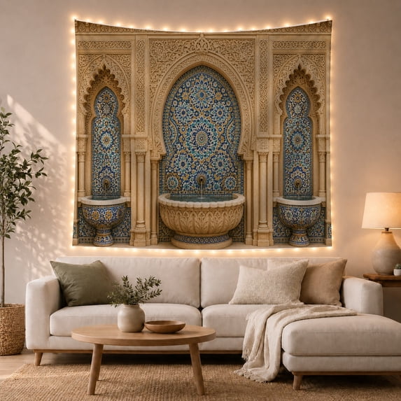 Floral Garden Architectural with Ornate Fountains Carved Stone, Mystical Fantasy for Space Lovers, Galaxy Room Decor, Mother'S Day Gift, Tapestry Wall Hanging for Bedroom and Dorm