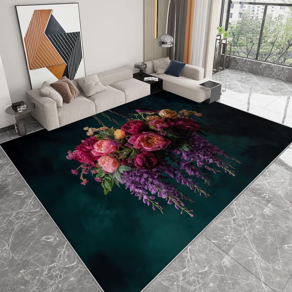 Floral Garden Area Rugs, Roses Peonies Wisteria Carpet, Washable Non Slip Low Pile Soft Rug for Living Room Bedroom Dining Room Decor Mat 2x3ft