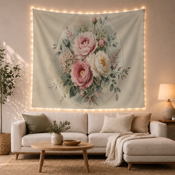 Floral Garden Arrangement with Delicate Thin Circular, Serene Watercolor for Plant Lovers, Wall Decor, Valentine'S Day Gift, Tapestry Wall Hanging for Dorm and Living Room