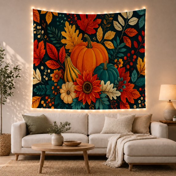 Floral Garden Autumnal with Arrangement Ribbed Pumpkin, Nostalgic Vintage for Botanical Art Lovers, Wall Decor, Halloween Gift, Tapestry Wall Hanging for Dorm and Living Room