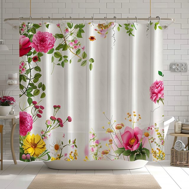 Floral Garden Bliss Shower Curtain White Background Bright Pink Flowers