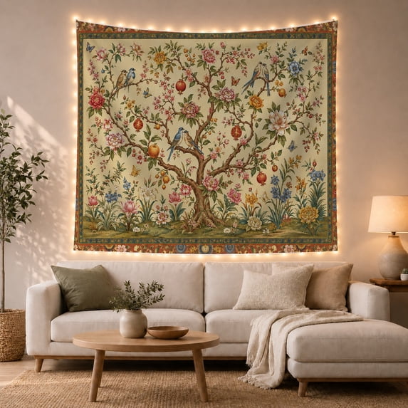 Floral Garden Botanical with Flourishing Tree Thick, Nostalgic Vintage for Botanical Art Lovers, Wall Decor, Valentine'S Day Gift, Tapestry Wall Hanging for Dorm and Living Room