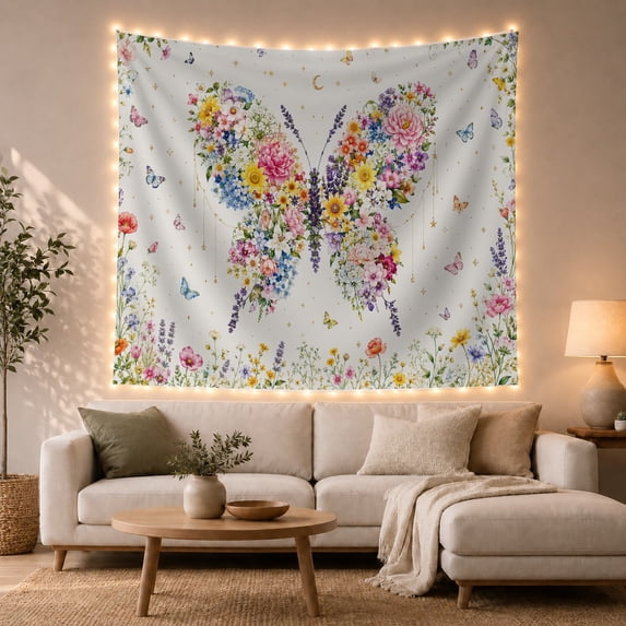 Floral Garden Butterfly with Silhouette Constructed Entirely, Mystical Fantasy for Space Lovers, Wall Decor, Mother'S Day Gift, Tapestry Wall Hanging for Dorm and Living Room