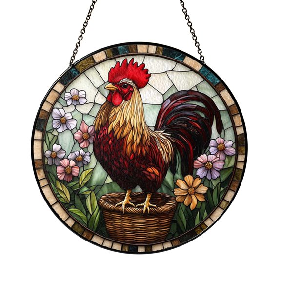 Floral Garden Chickens Stained Glass Style Window Art, Rustic Country Inspired Accent