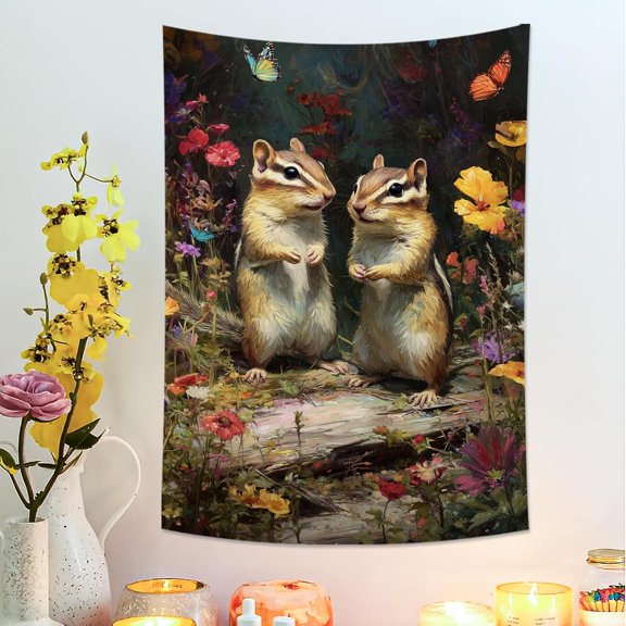 Floral Garden Chipmunks Tapestry Wall Hanging Colorful Nature Decor for Living Room Bedroom Dorm 30x40 Inch