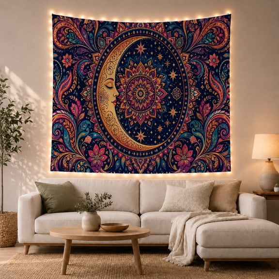 Floral Garden Circular with Mandala Starry Left Circle, Mystical Fantasy for Space Lovers, Galaxy Room Decor, Mother'S Day Gift, Tapestry Wall Hanging for Bedroom and Dorm