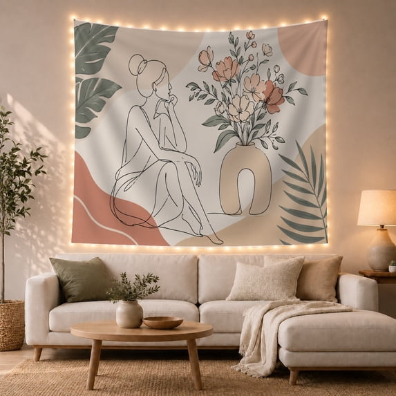 Floral Garden Continuous with Drawing Seated Figure Profile, Mystical Fantasy for Space Lovers, Galaxy Room Decor, Mother'S Day Gift, Tapestry Wall Hanging for Bedroom and Dorm