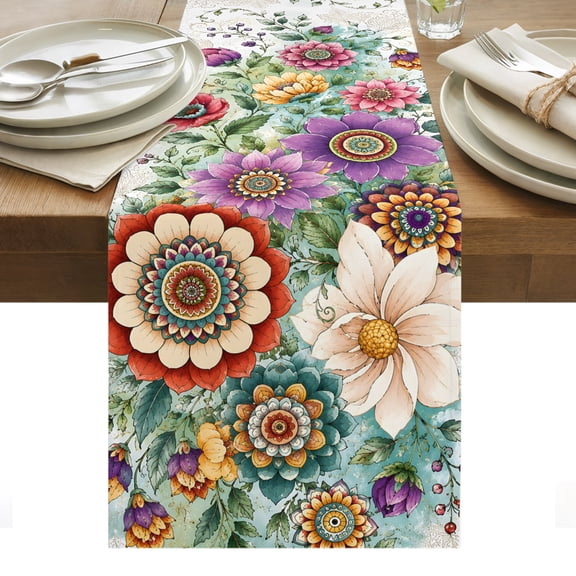 Floral Garden Cotton Linen Table Runner Botanical Peonies Mandalas Dahlias Wildflower Rustic Dining Table Runners for Home Decor Party Dining Room Restaurant Kitchen Party 13" x 36"