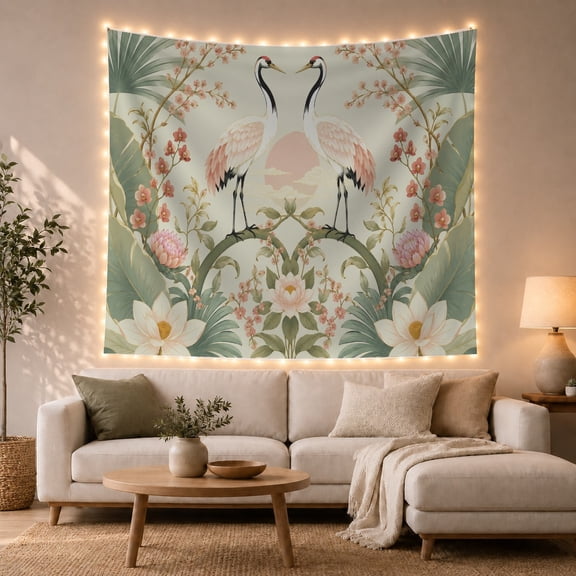 Floral Garden Cranes with Standing Face Curved Branch, Nostalgic Vintage for Botanical Art Lovers, Botanical Wall Art, Mother'S Day Gift, Tapestry Wall Hanging for Bedroom and Dorm