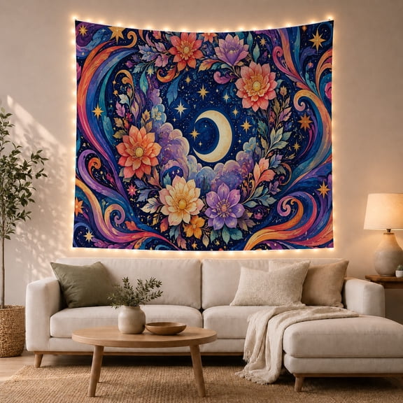 Floral Garden Crescent with Moon Soft Suggests Starry, Nostalgic Vintage for Botanical Art Lovers, Botanical Wall Art, Mother'S Day Gift, Tapestry Wall Hanging for Bedroom and Dorm