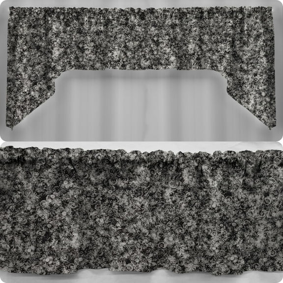 Floral Garden Curtain Panels by Penny's Needful Things (Set of 2) 24 Inch Long LINED (Black & Gray)