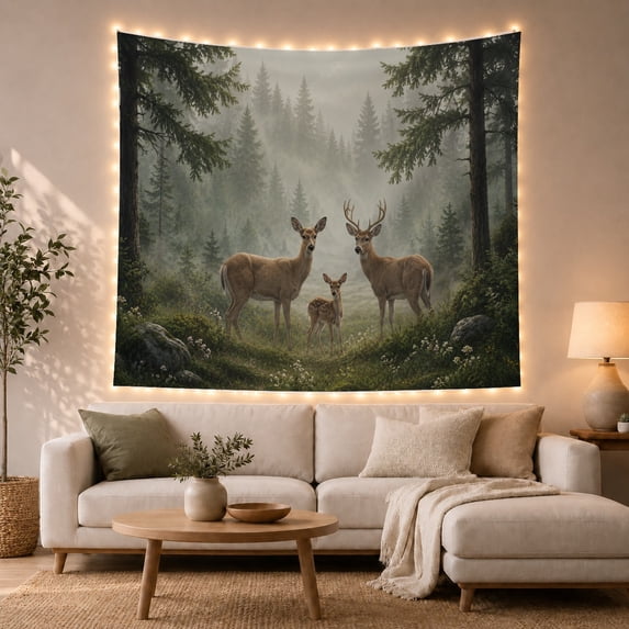 Floral Garden Deer with Family Middle Misty Forest, Mystical Fantasy for Space Lovers, Galaxy Room Decor, Mother'S Day Gift, Tapestry Wall Hanging for Bedroom and Dorm