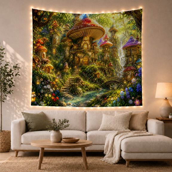 Floral Garden Densely with Village Built Into Vertical, Mystical Fantasy for Space Lovers, Galaxy Room Decor, Mother'S Day Gift, Tapestry Wall Hanging for Bedroom and Dorm