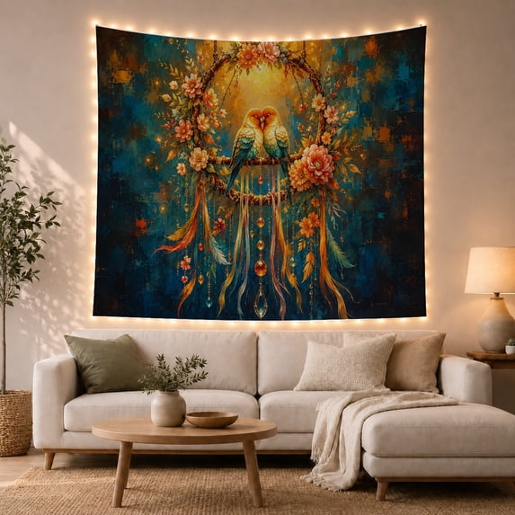 Floral Garden Digital with Painting Birds Appearing Parrots, Mystical Fantasy for Space Lovers, Galaxy Room Decor, Mother'S Day Gift, Tapestry Wall Hanging for Bedroom and Dorm