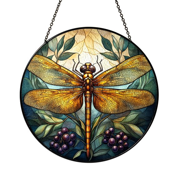 Floral Garden Dragonfly Stained Glass Window Hanging Suncatcher, Insect Lover Decor