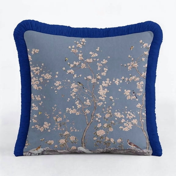 Floral Garden Elegance Fringed Cushion Cover Set of 2 – Classic Blue Tasselled Throw Pillow with Natural Bird Pattern