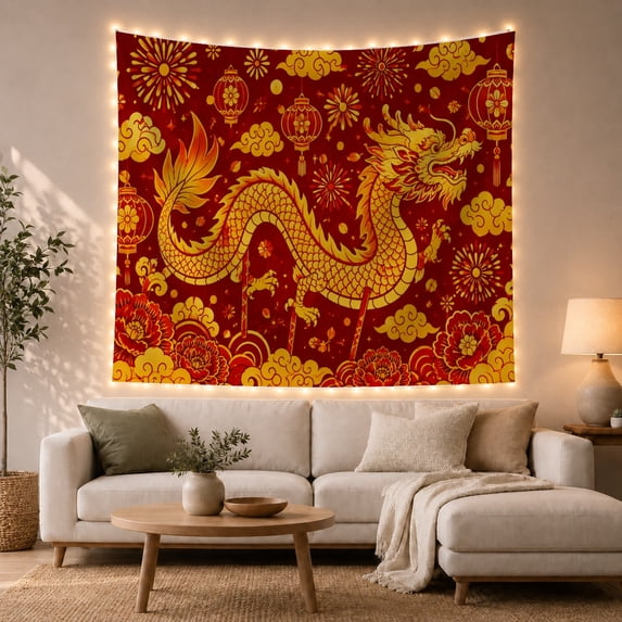 Floral Garden Festive with Dragon Bright Highlights Showcasing, Mystical Fantasy for Space Lovers, Galaxy Room Decor, Mother'S Day Gift, Tapestry Wall Hanging for Bedroom and Dorm