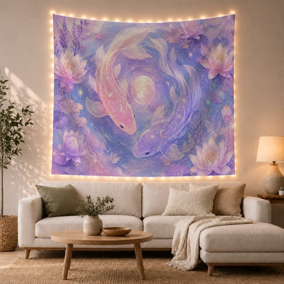Floral Garden Fish with Swimming Circular Yang Motion, Mystical Fantasy for Space Lovers, Galaxy Room Decor, Mother'S Day Gift, Tapestry Wall Hanging for Bedroom and Dorm