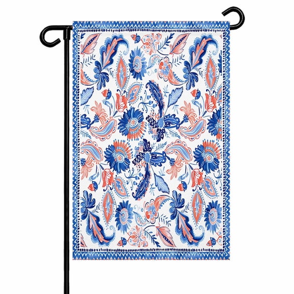 Floral Garden Flag 12x18 Inch Ethnic Flower Paisley Feather Blue Texture Double Sided Small Decorative Garden Flags for Outside, Outdoor Yard Porch Lawn Decoration