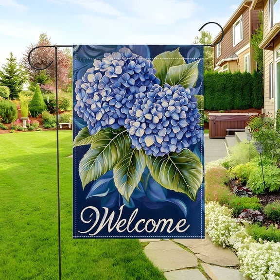 Floral Garden Flag 'Welcome' 30x45cm Linen Fabric Blue & White Color Decorative Style Outdoor Flag for Home Yard Patio Garden Decoration - 1 Piece