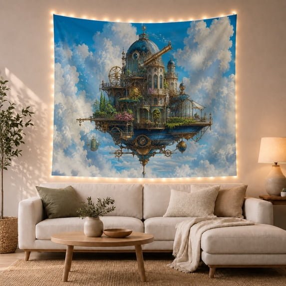 Floral Garden Floating with Steampunk Castle Structure Bright, Mystical Fantasy for Space Lovers, Galaxy Room Decor, Mother'S Day Gift, Tapestry Wall Hanging for Bedroom and Dorm