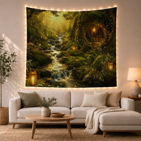 Floral Garden Forest with Around Tiered Waterfall Flowing, Mystical Fantasy for Space Lovers, Galaxy Room Decor, Mother'S Day Gift, Tapestry Wall Hanging for Bedroom and Dorm