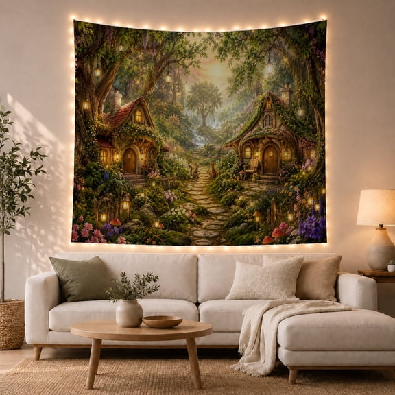 Floral Garden Forest with Cottage Like Structures Nestled, Mystical Fantasy for Space Lovers, Galaxy Room Decor, Mother'S Day Gift, Tapestry Wall Hanging for Bedroom and Dorm