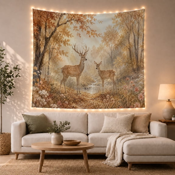 Floral Garden Forest with Deer Standing Woodland Clearing, Mystical Fantasy for Space Lovers, Galaxy Room Decor, Valentine'S Day Gift, Tapestry Wall Hanging for Bedroom and Dorm