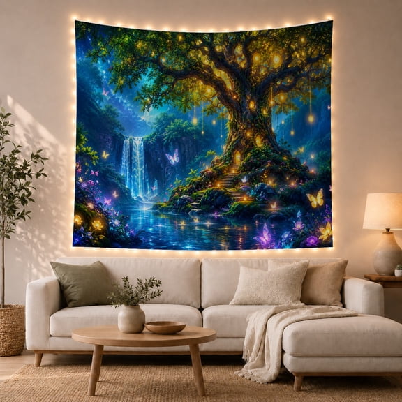 Floral Garden Forest with Twilight Massive Ancient Tree, Mystical Fantasy for Space Lovers, Galaxy Room Decor, Mother'S Day Gift, Tapestry Wall Hanging for Bedroom and Dorm