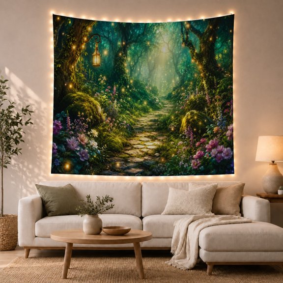 Floral Garden Forest with Winding Stone Path Leads, Mystical Fantasy for Space Lovers, Galaxy Room Decor, Mother'S Day Gift, Tapestry Wall Hanging for Bedroom and Dorm