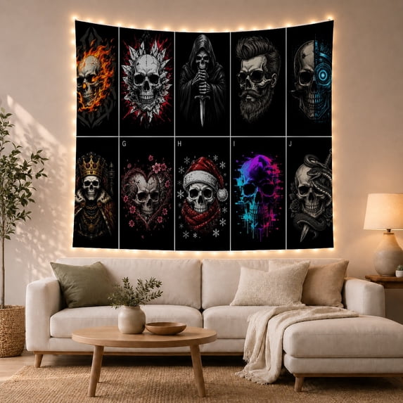 Floral Garden Grid with Skull Portraits Backgrounds Distinct, Spooky Gothic for Gothic Decor Fans, Dark Art Decor, Christmas Gift, Tapestry Wall Hanging for Bedroom and Dorm