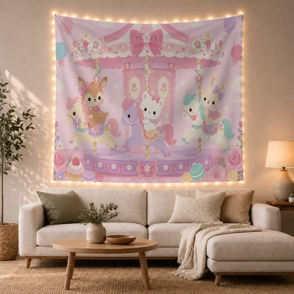 Floral Garden Kawaii with Carousel Soft Dotted Faint, Playful Illustration for Cat Lovers, Animal Wall Decor, Valentine'S Day Gift, Tapestry Wall Hanging for Bedroom and Dorm