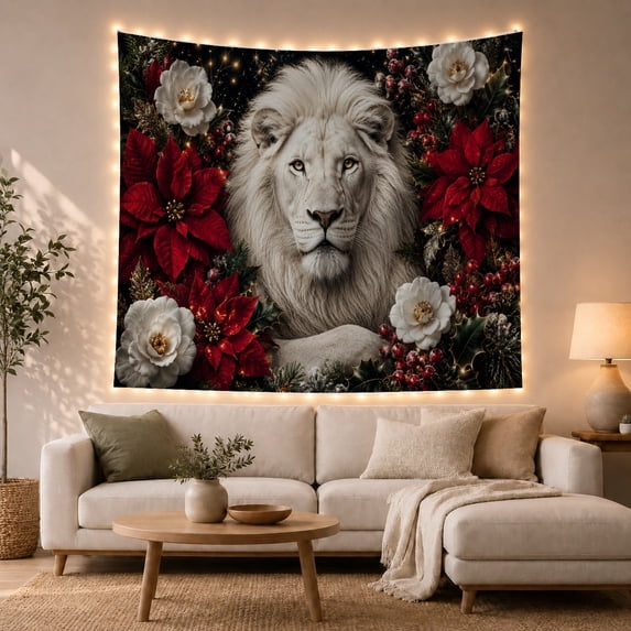 Floral Garden Lion with Face Upper Detailed Shoulders, Mystical Fantasy for Space Lovers, Galaxy Room Decor, Valentine'S Day Gift, Tapestry Wall Hanging for Bedroom and Dorm