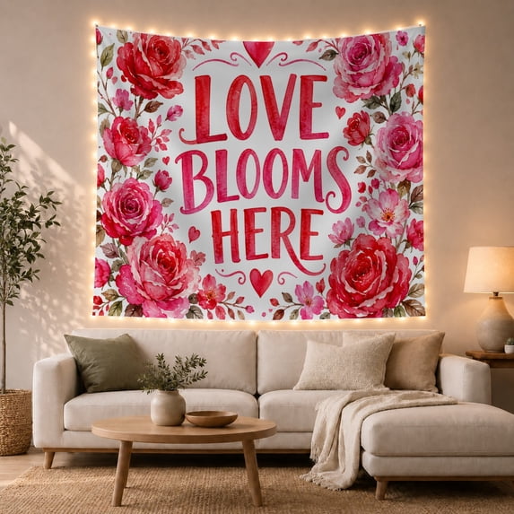 Floral Garden Love with Blooms Here Arrangement, Inspirational Illustration for Quote Lovers, Wall Decor, Valentine'S Day Gift, Tapestry Wall Hanging for Dorm and Living Room