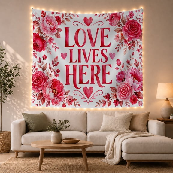 Floral Garden Love with Lives Here Arrangements, Serene Watercolor for Plant Lovers, Aesthetic Wall Decor, Valentine'S Day Gift, Tapestry Wall Hanging for Dorm and Living Room