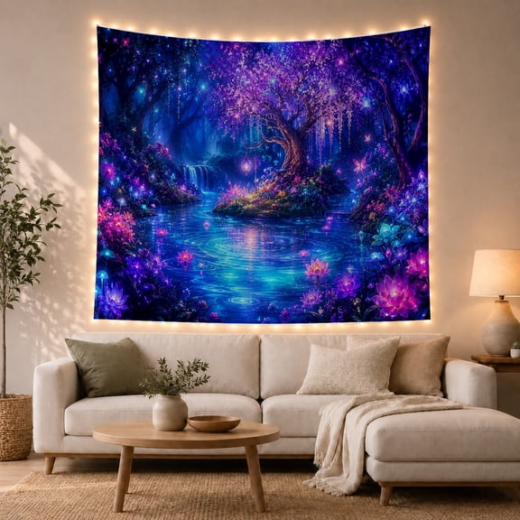 Floral Garden Luminescent with Forest Winding River Dominant, Mystical Fantasy for Space Lovers, Galaxy Room Decor, Mother'S Day Gift, Tapestry Wall Hanging for Bedroom and Dorm