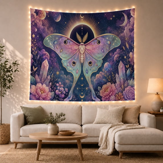Floral Garden Luna with Moth Translucent Wings Shades, Mystical Fantasy for Space Lovers, Galaxy Room Decor, Mother'S Day Gift, Tapestry Wall Hanging for Bedroom and Dorm
