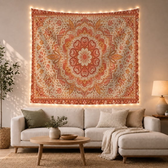 Floral Garden Mandala with Forms Core Peach Petal, Nostalgic Vintage for Botanical Art Lovers, Botanical Wall Art, Valentine'S Day Gift, Tapestry Wall Hanging for Bedroom and Dorm