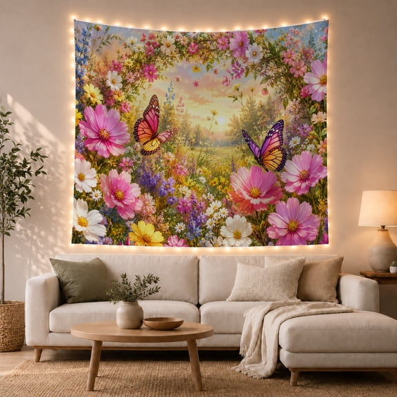 Floral Garden Meadow with Soft Sunrise Sunset Glowing, Mystical Fantasy for Space Lovers, Galaxy Room Decor, Mother'S Day Gift, Tapestry Wall Hanging for Bedroom and Dorm