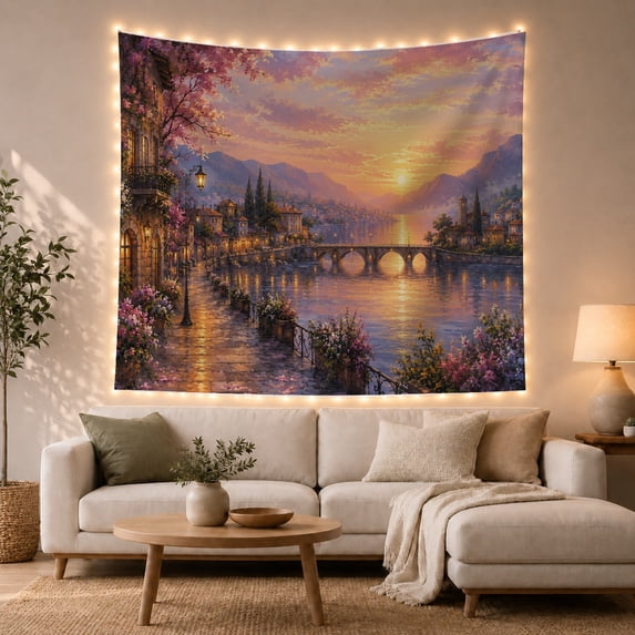 Floral Garden Mediterranean with Village Sunset Stone Bridge, Mystical Fantasy for Space Lovers, Galaxy Room Decor, Valentine'S Day Gift, Tapestry Wall Hanging for Bedroom and Dorm