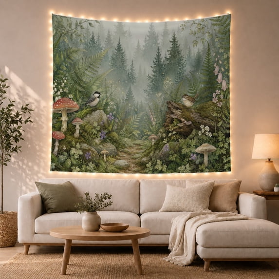 Floral Garden Misty with Forest Illustrative Painterly, Mystical Fantasy for Space Lovers, Aesthetic Wall Decor, Mother'S Day Gift, Tapestry Wall Hanging for Dorm and Living Room