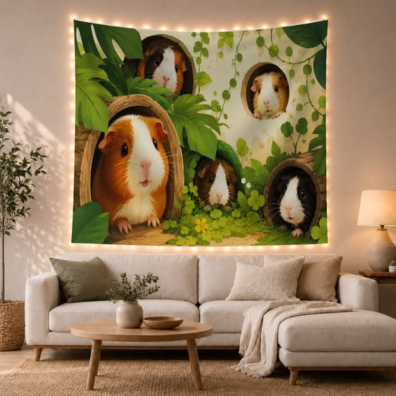 Floral Garden Nature with Group Guinea Pigs Peeking, Mystical Fantasy for Space Lovers, Galaxy Room Decor, Valentine'S Day Gift, Tapestry Wall Hanging for Bedroom and Dorm