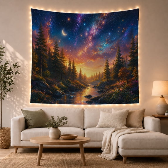 Floral Garden Night with Calm River Flows Through, Mystical Fantasy for Space Lovers, Galaxy Room Decor, Mother'S Day Gift, Tapestry Wall Hanging for Bedroom and Dorm