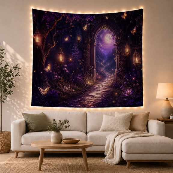 Floral Garden Night with Winding Cobblestone Pathway Leads, Spooky Gothic for Gothic Decor Fans, Dark Art Decor, Halloween Gift, Tapestry Wall Hanging for Bedroom and Dorm