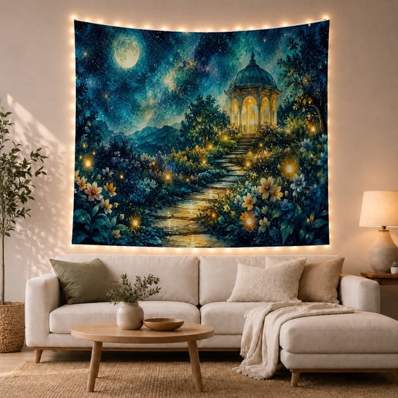 Floral Garden Night with Winding Stone Path Leads, Mystical Fantasy for Space Lovers, Galaxy Room Decor, Mother'S Day Gift, Tapestry Wall Hanging for Bedroom and Dorm