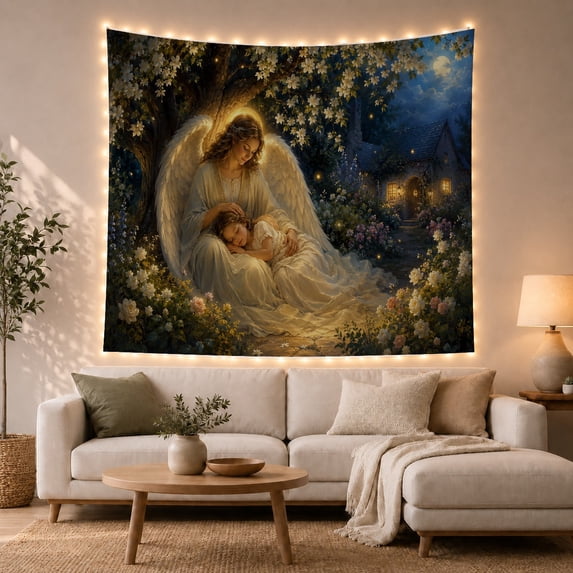 Floral Garden Nighttime with Winged Angel Feathered, Dreamy Illustration for Nature Lovers, Wall Decor, Valentine'S Day Gift, Tapestry Wall Hanging for Dorm and Living Room